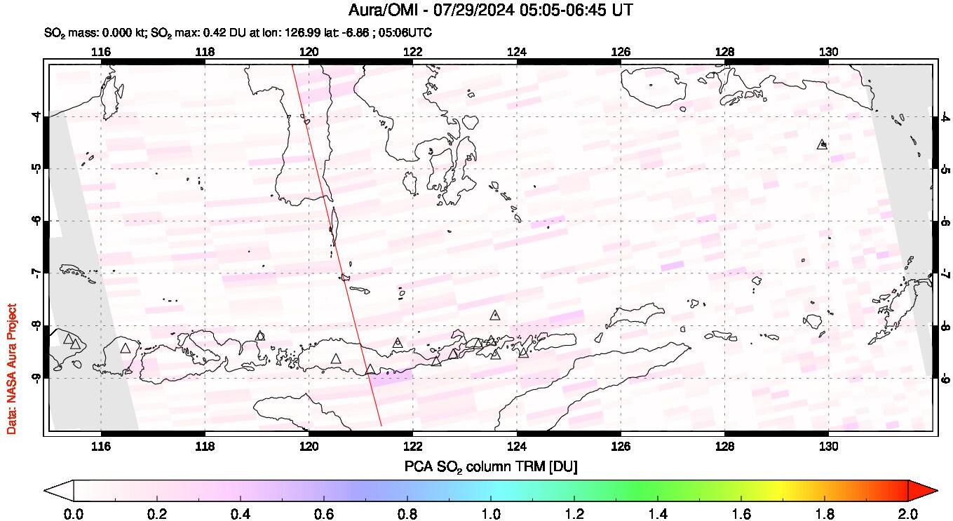 A sulfur dioxide image over Lesser Sunda Islands, Indonesia on Jul 29, 2024.