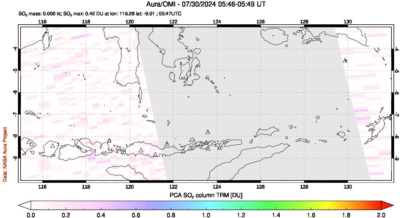 A sulfur dioxide image over Lesser Sunda Islands, Indonesia on Jul 30, 2024.