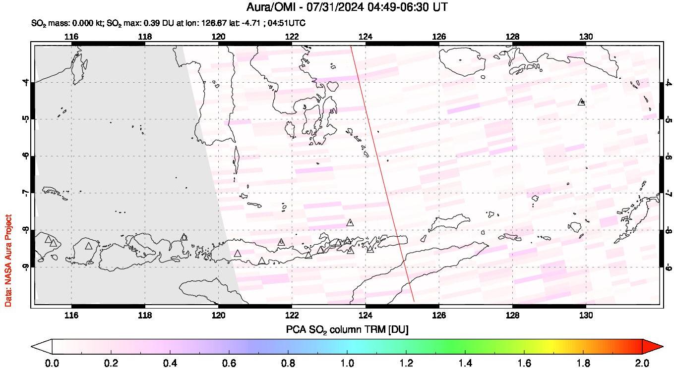 A sulfur dioxide image over Lesser Sunda Islands, Indonesia on Jul 31, 2024.