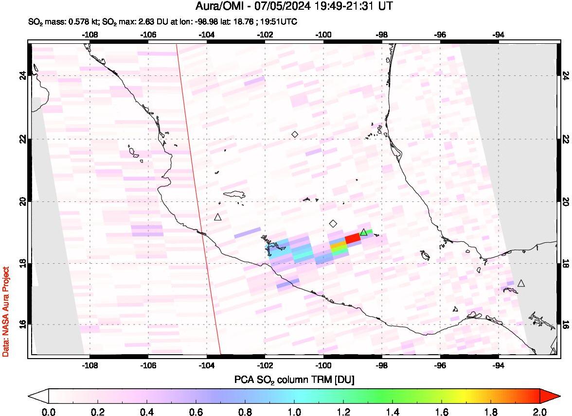 A sulfur dioxide image over Mexico on Jul 05, 2024.