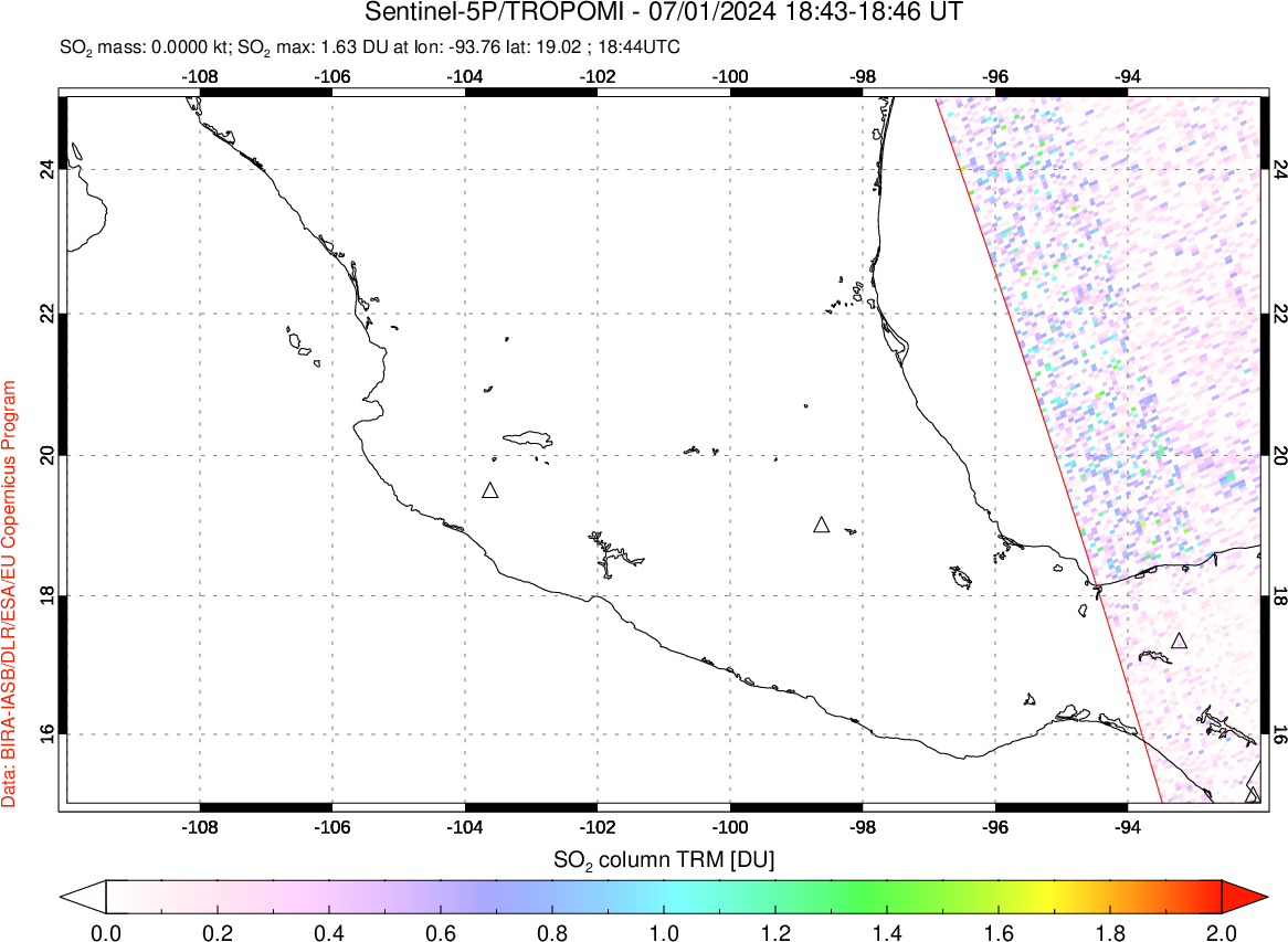 A sulfur dioxide image over Mexico on Jul 01, 2024.