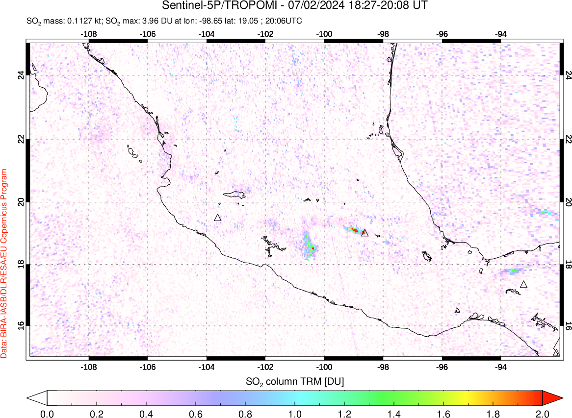 A sulfur dioxide image over Mexico on Jul 02, 2024.