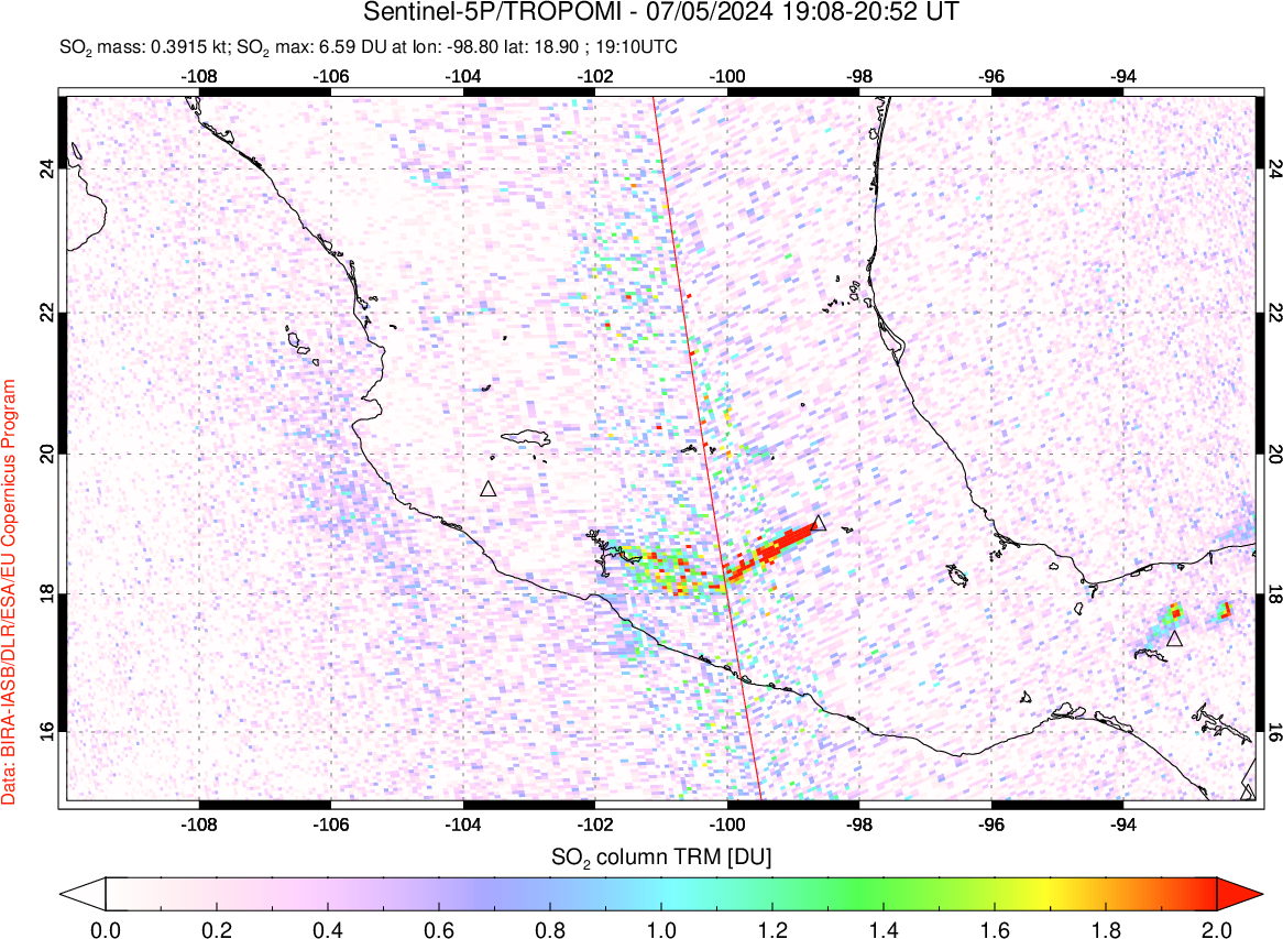 A sulfur dioxide image over Mexico on Jul 05, 2024.