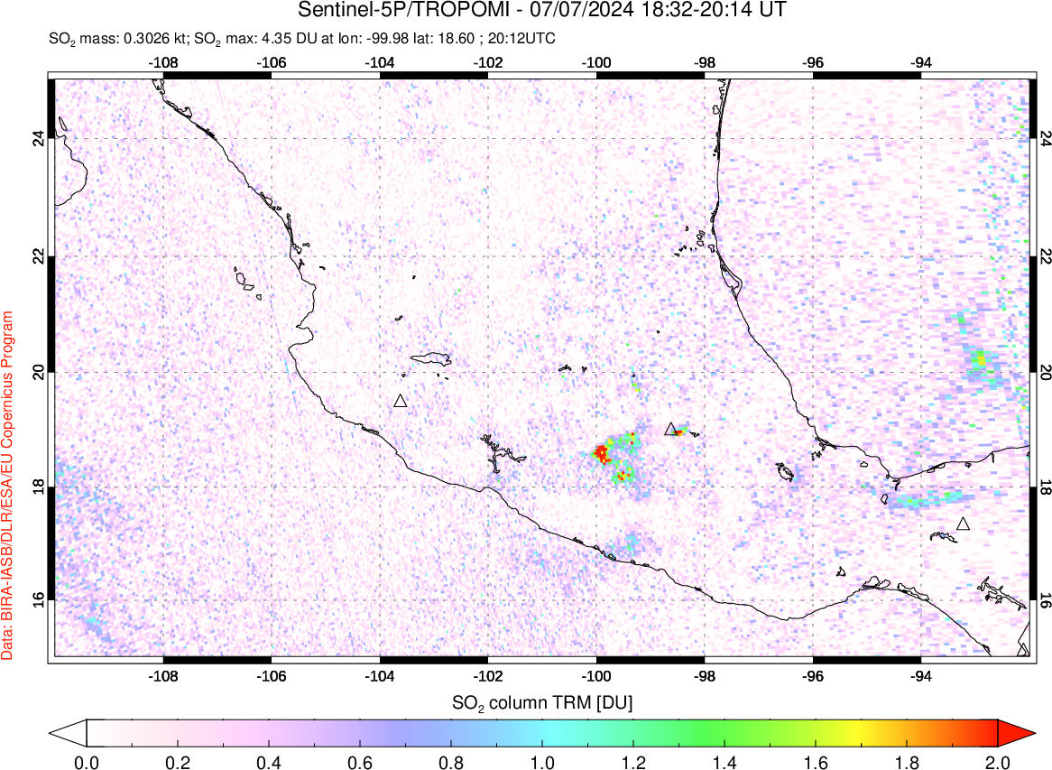 A sulfur dioxide image over Mexico on Jul 07, 2024.