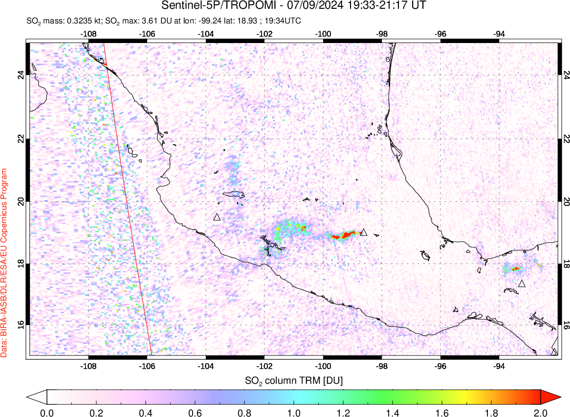 A sulfur dioxide image over Mexico on Jul 09, 2024.