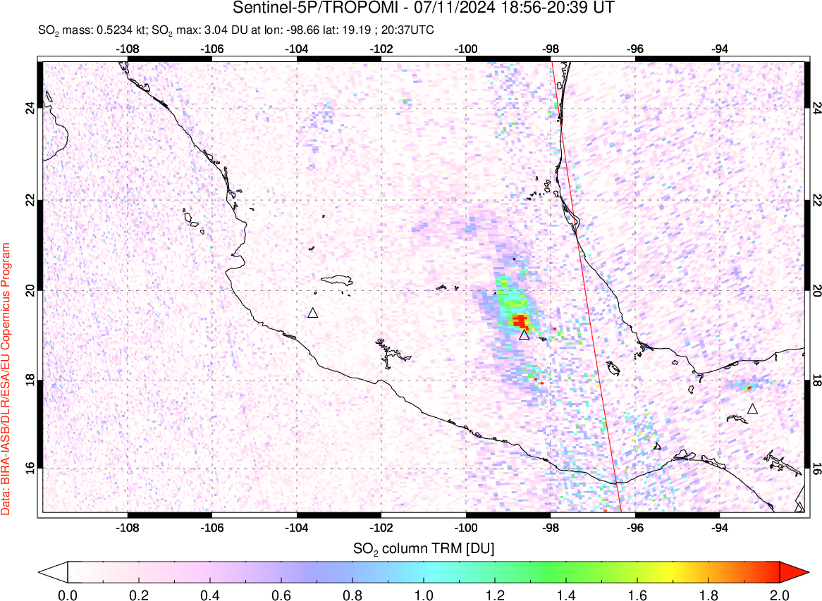 A sulfur dioxide image over Mexico on Jul 11, 2024.