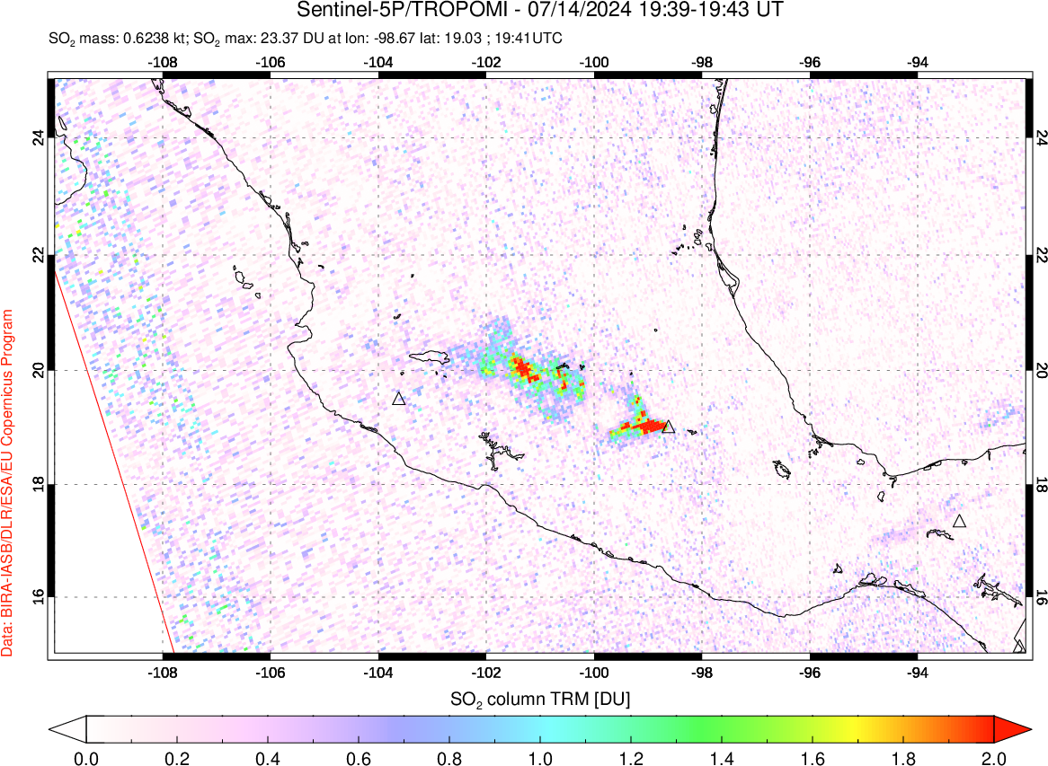 A sulfur dioxide image over Mexico on Jul 14, 2024.