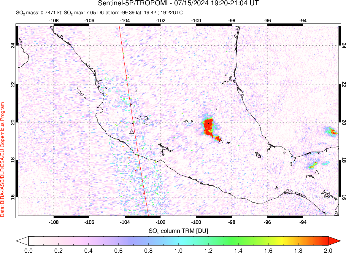 A sulfur dioxide image over Mexico on Jul 15, 2024.