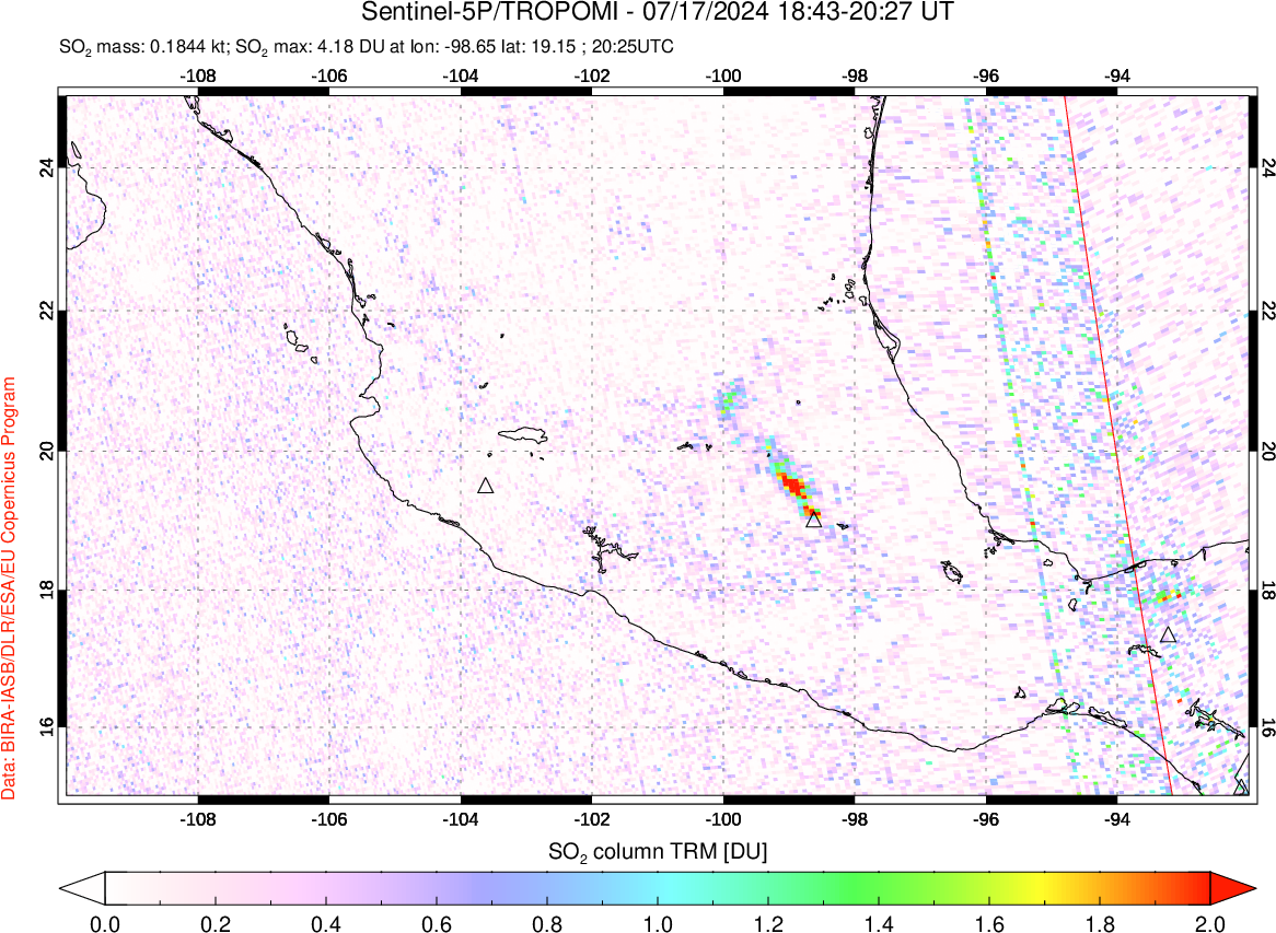 A sulfur dioxide image over Mexico on Jul 17, 2024.