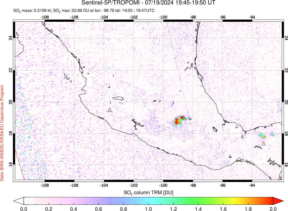 A sulfur dioxide image over Mexico on Jul 19, 2024.