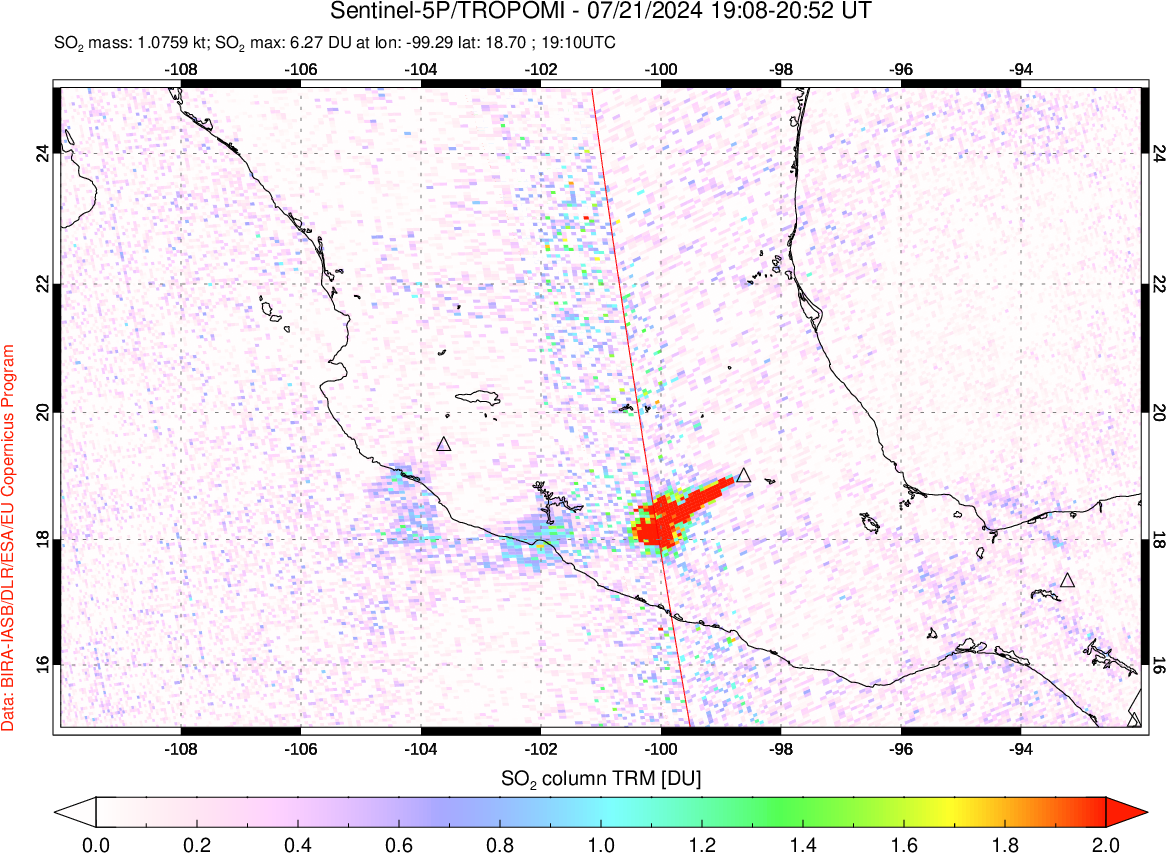 A sulfur dioxide image over Mexico on Jul 21, 2024.