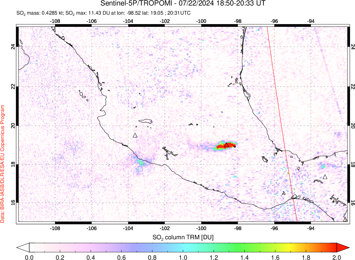 A sulfur dioxide image over Mexico on Jul 22, 2024.