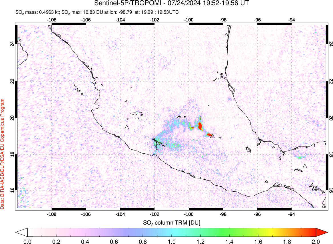 A sulfur dioxide image over Mexico on Jul 24, 2024.