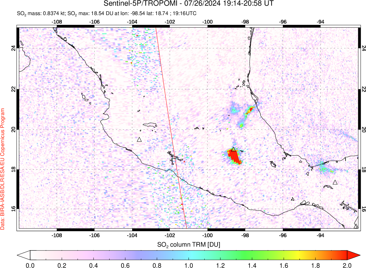 A sulfur dioxide image over Mexico on Jul 26, 2024.