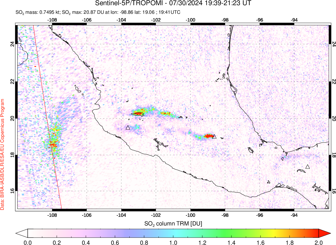 A sulfur dioxide image over Mexico on Jul 30, 2024.