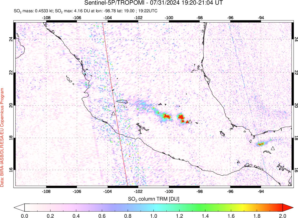 A sulfur dioxide image over Mexico on Jul 31, 2024.