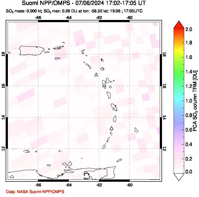 A sulfur dioxide image over Montserrat, West Indies on Jul 06, 2024.