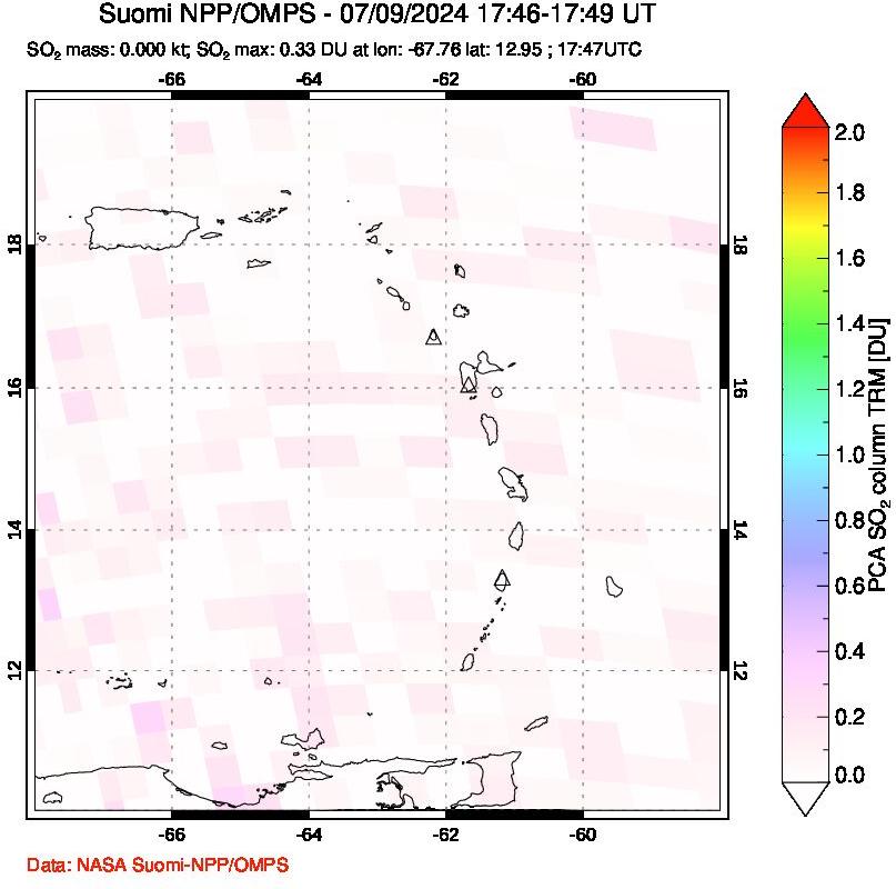 A sulfur dioxide image over Montserrat, West Indies on Jul 09, 2024.