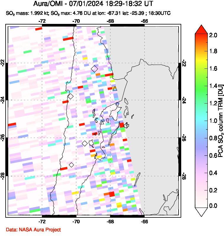 A sulfur dioxide image over Northern Chile on Jul 01, 2024.