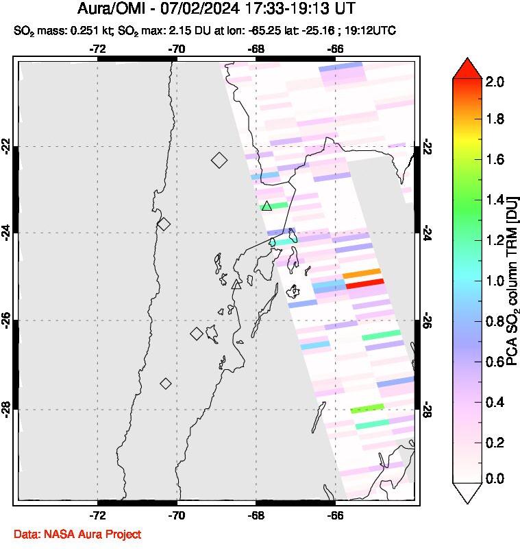 A sulfur dioxide image over Northern Chile on Jul 02, 2024.