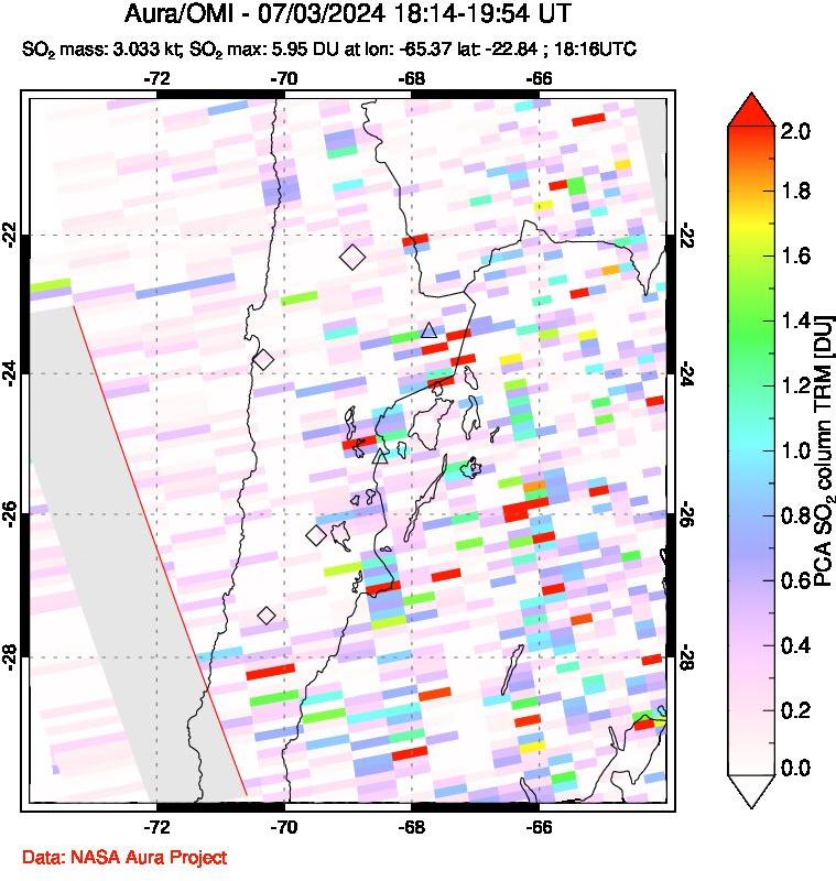 A sulfur dioxide image over Northern Chile on Jul 03, 2024.