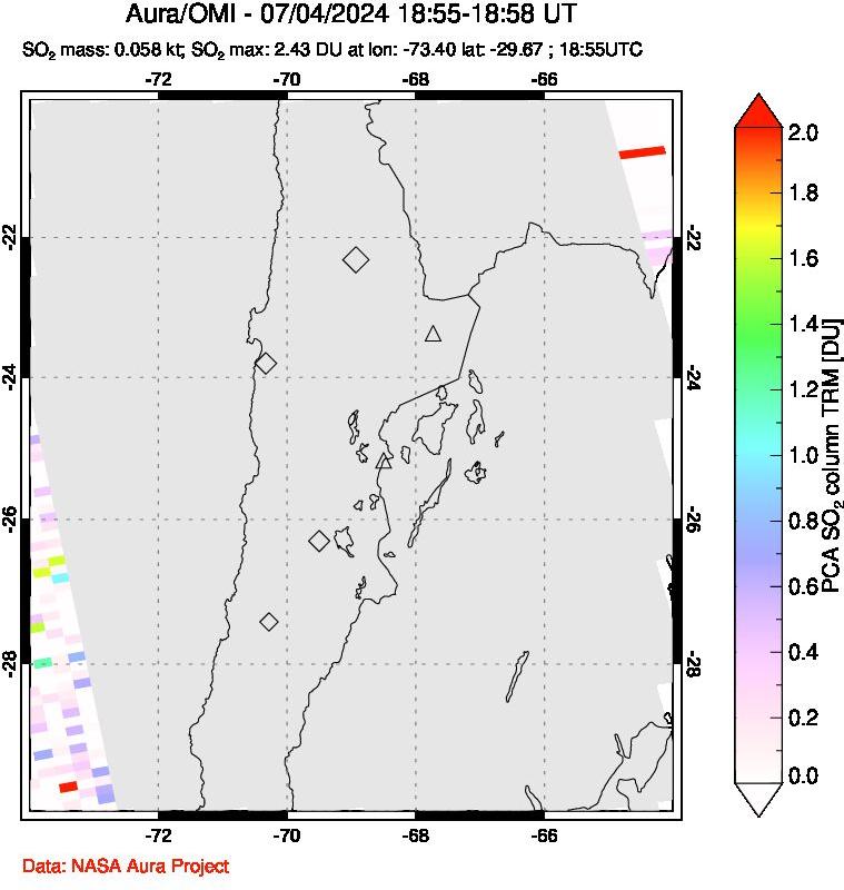 A sulfur dioxide image over Northern Chile on Jul 04, 2024.