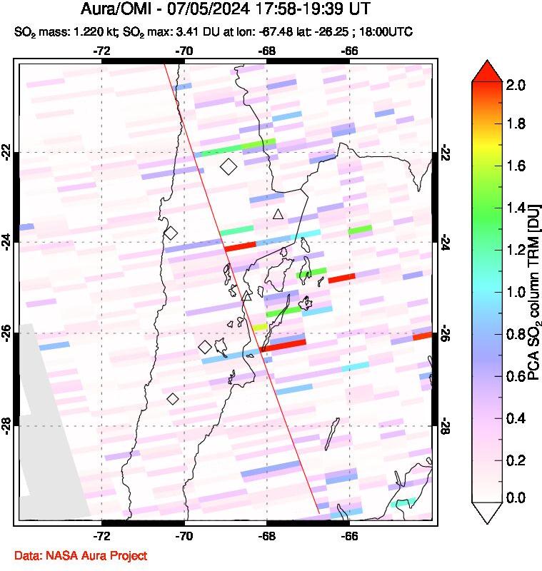 A sulfur dioxide image over Northern Chile on Jul 05, 2024.