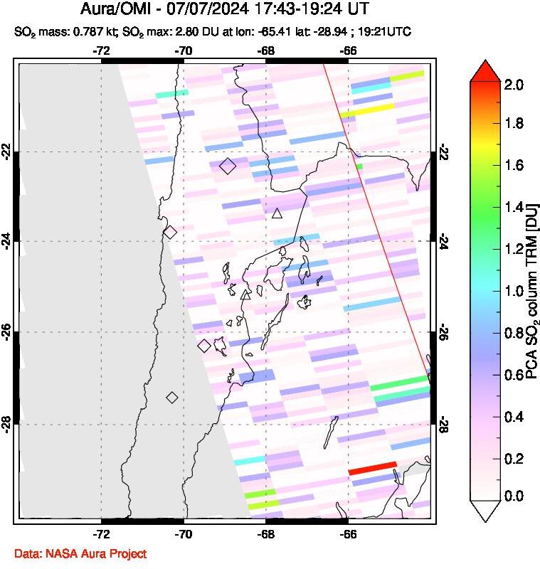 A sulfur dioxide image over Northern Chile on Jul 07, 2024.