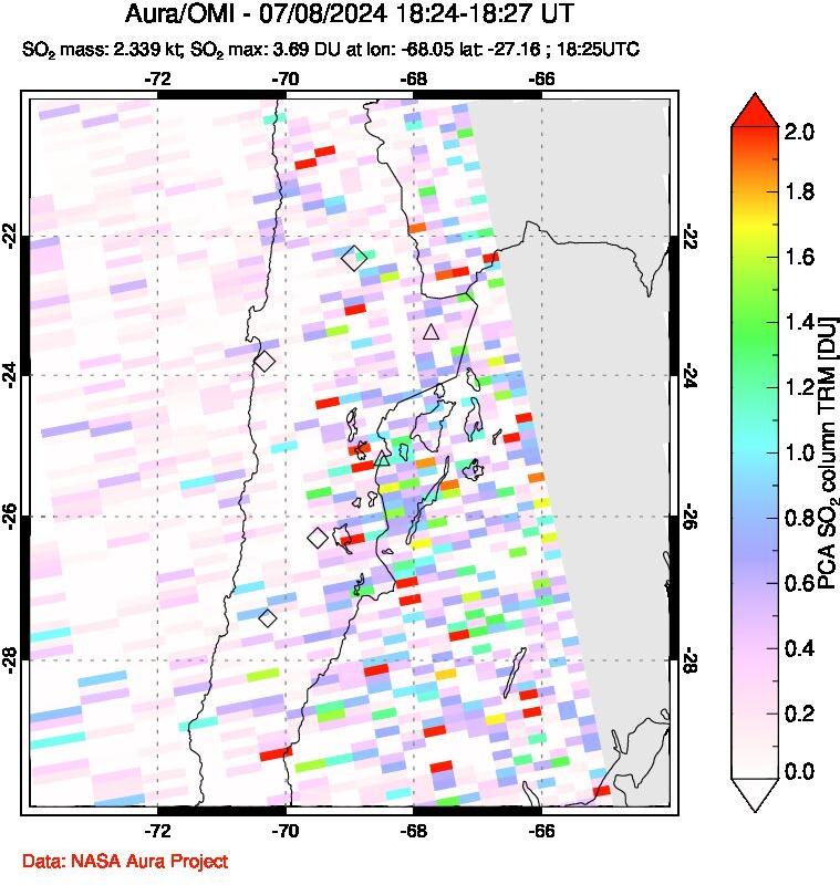 A sulfur dioxide image over Northern Chile on Jul 08, 2024.