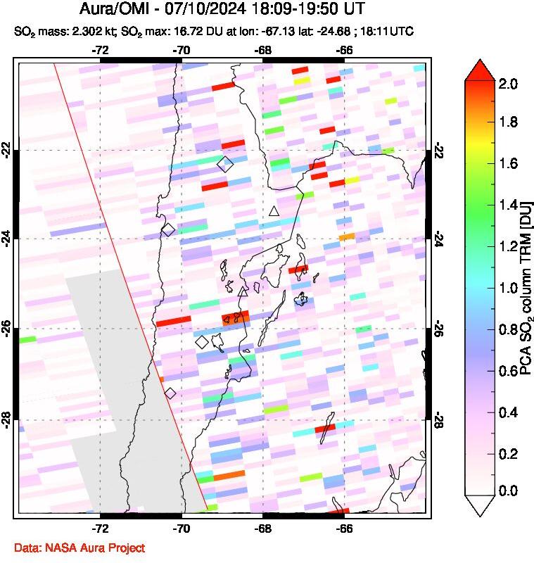 A sulfur dioxide image over Northern Chile on Jul 10, 2024.