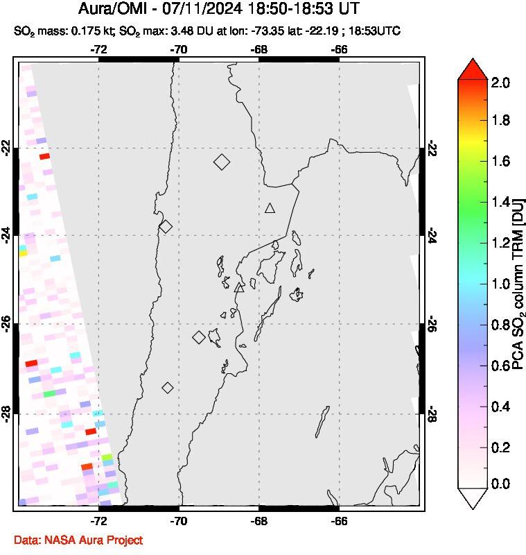 A sulfur dioxide image over Northern Chile on Jul 11, 2024.