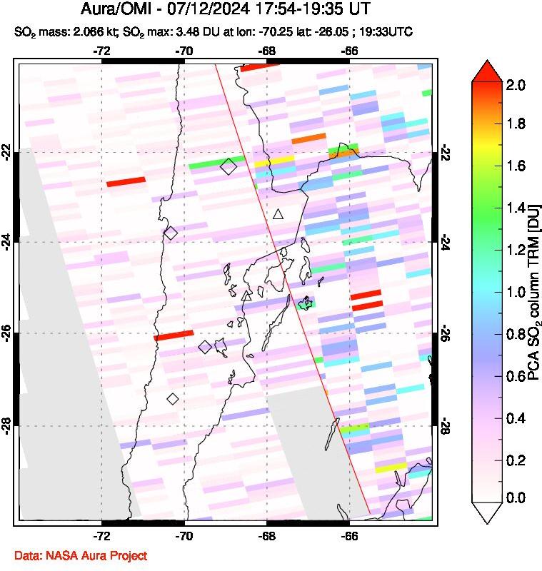 A sulfur dioxide image over Northern Chile on Jul 12, 2024.