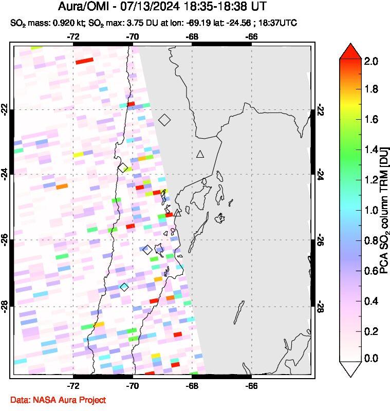 A sulfur dioxide image over Northern Chile on Jul 13, 2024.