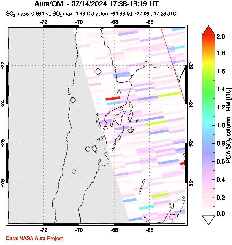 A sulfur dioxide image over Northern Chile on Jul 14, 2024.