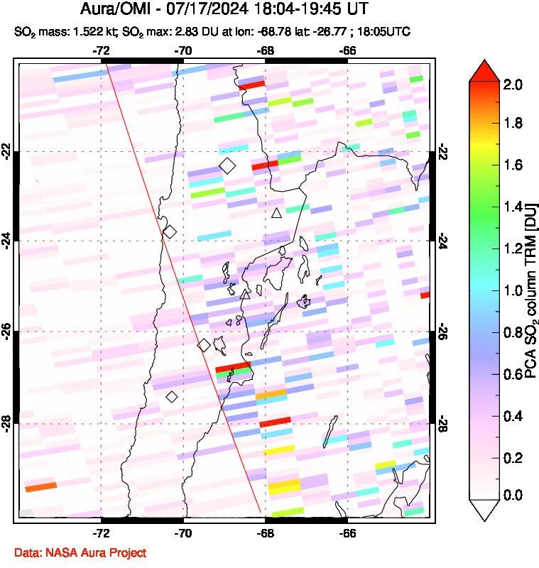 A sulfur dioxide image over Northern Chile on Jul 17, 2024.