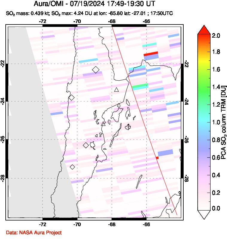 A sulfur dioxide image over Northern Chile on Jul 19, 2024.