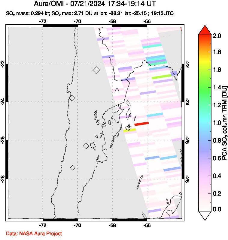 A sulfur dioxide image over Northern Chile on Jul 21, 2024.