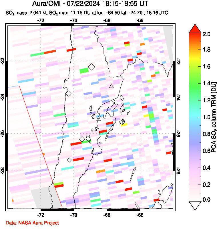 A sulfur dioxide image over Northern Chile on Jul 22, 2024.