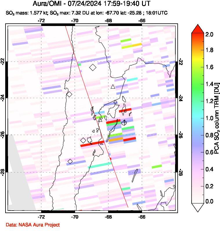 A sulfur dioxide image over Northern Chile on Jul 24, 2024.