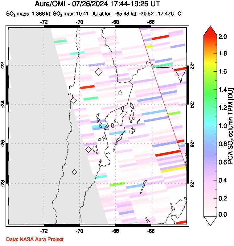 A sulfur dioxide image over Northern Chile on Jul 26, 2024.