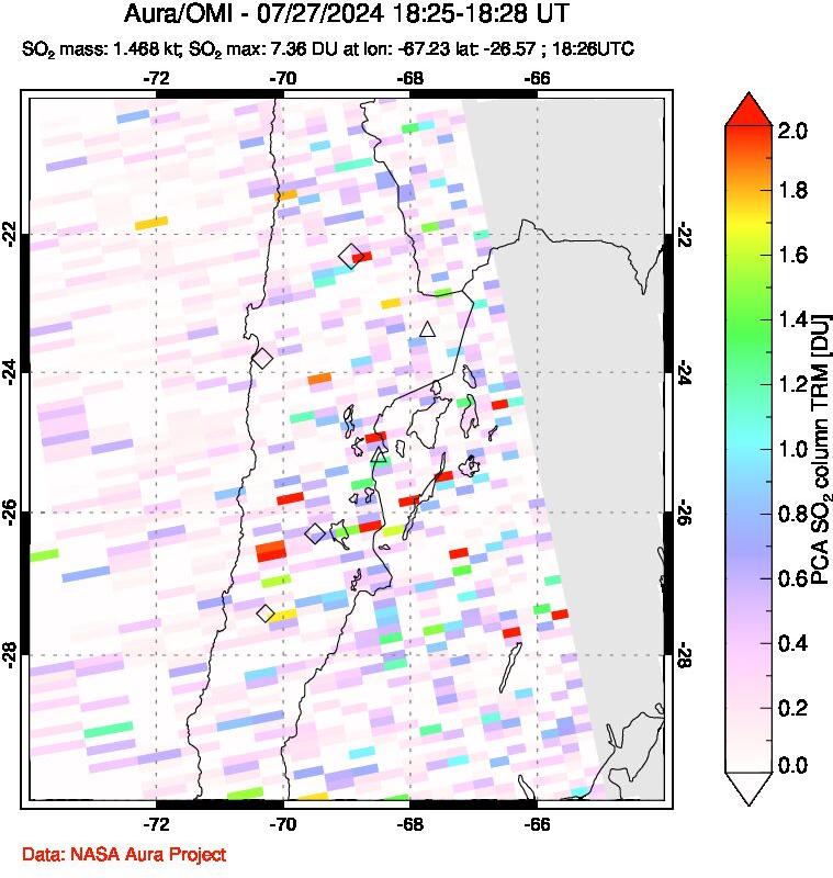 A sulfur dioxide image over Northern Chile on Jul 27, 2024.