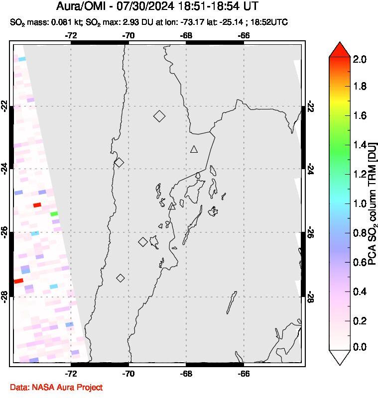 A sulfur dioxide image over Northern Chile on Jul 30, 2024.