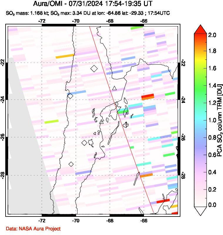 A sulfur dioxide image over Northern Chile on Jul 31, 2024.