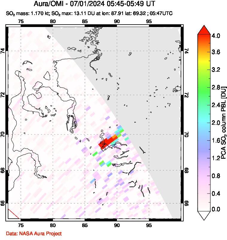 A sulfur dioxide image over Norilsk, Russian Federation on Jul 01, 2024.