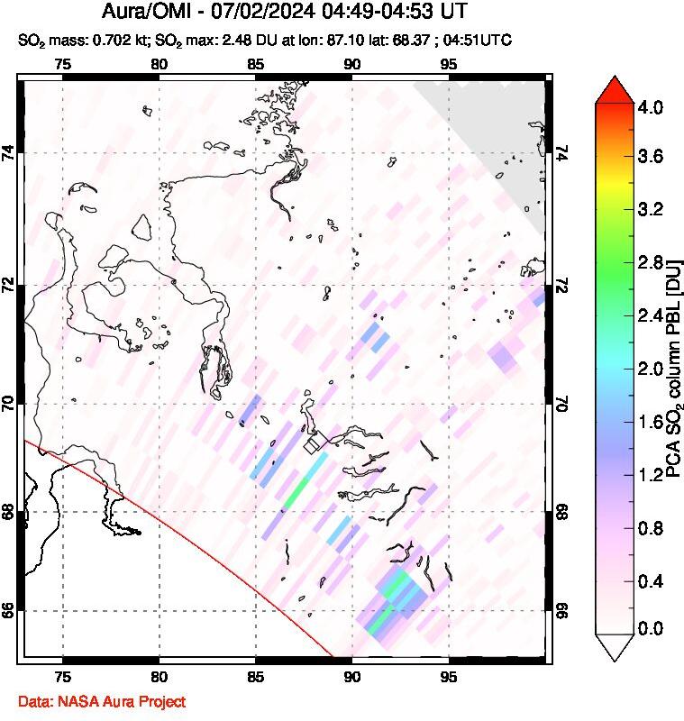 A sulfur dioxide image over Norilsk, Russian Federation on Jul 02, 2024.