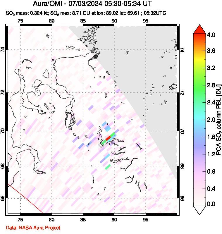 A sulfur dioxide image over Norilsk, Russian Federation on Jul 03, 2024.