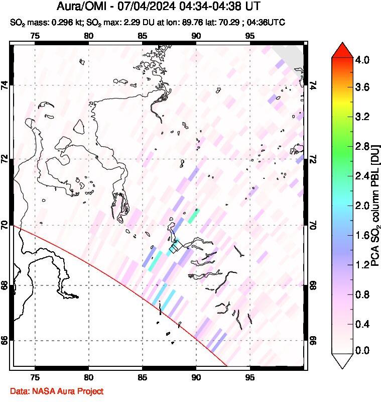 A sulfur dioxide image over Norilsk, Russian Federation on Jul 04, 2024.