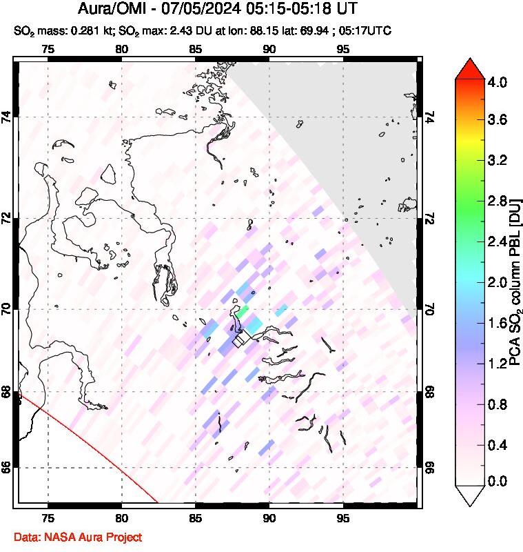 A sulfur dioxide image over Norilsk, Russian Federation on Jul 05, 2024.