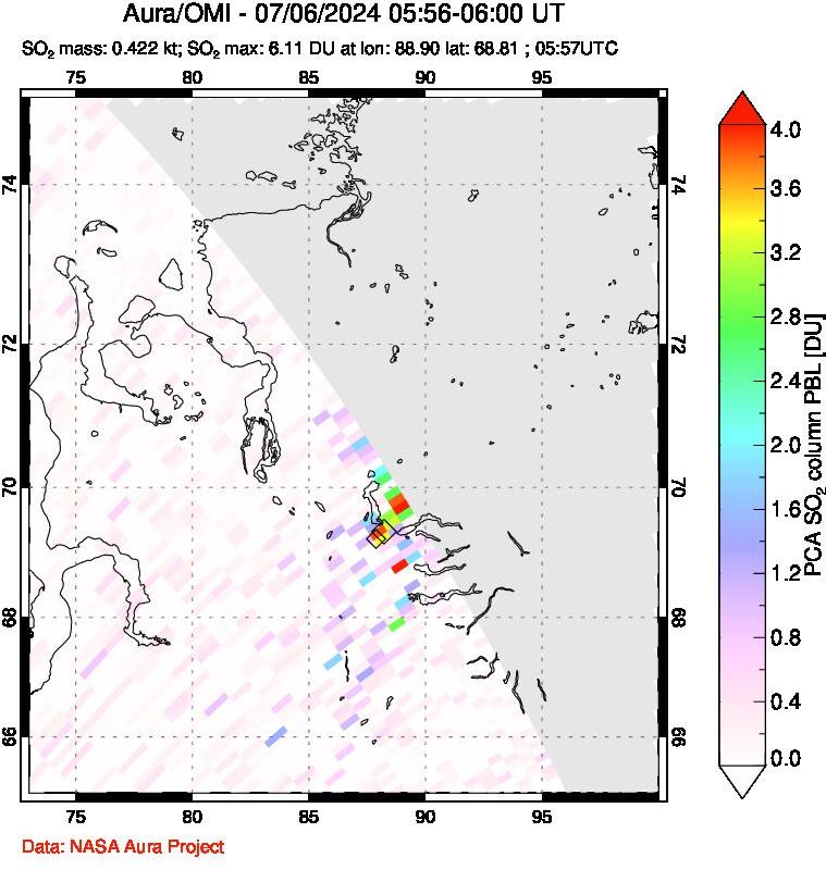 A sulfur dioxide image over Norilsk, Russian Federation on Jul 06, 2024.