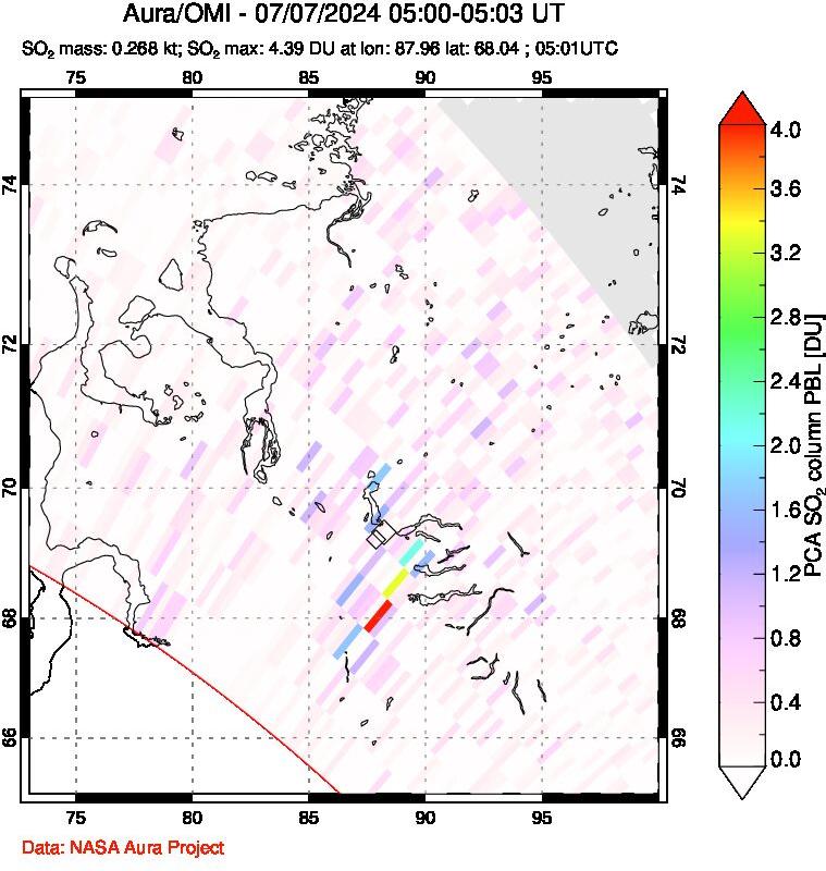 A sulfur dioxide image over Norilsk, Russian Federation on Jul 07, 2024.